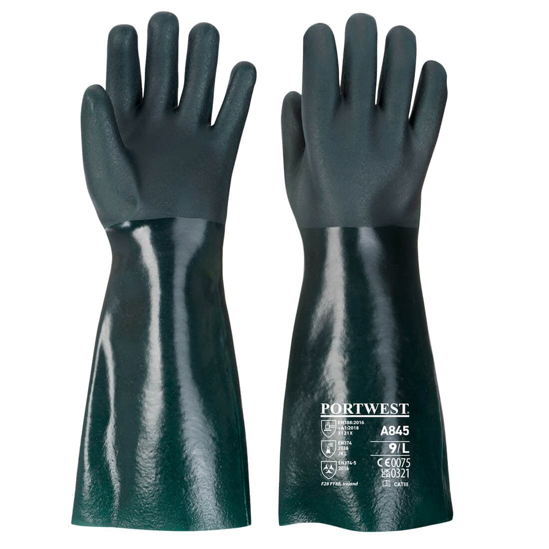 PORTWEST A845 GREEN DOUBLE DIPPED PVC GLOVE 45CM